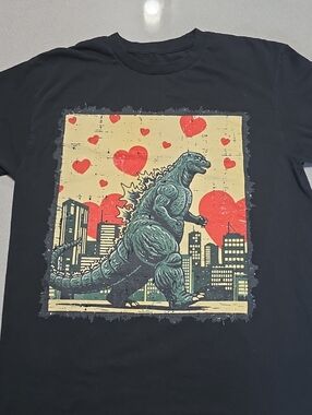 Kids Black Godzilla Graphic Tee with Red Heart Print